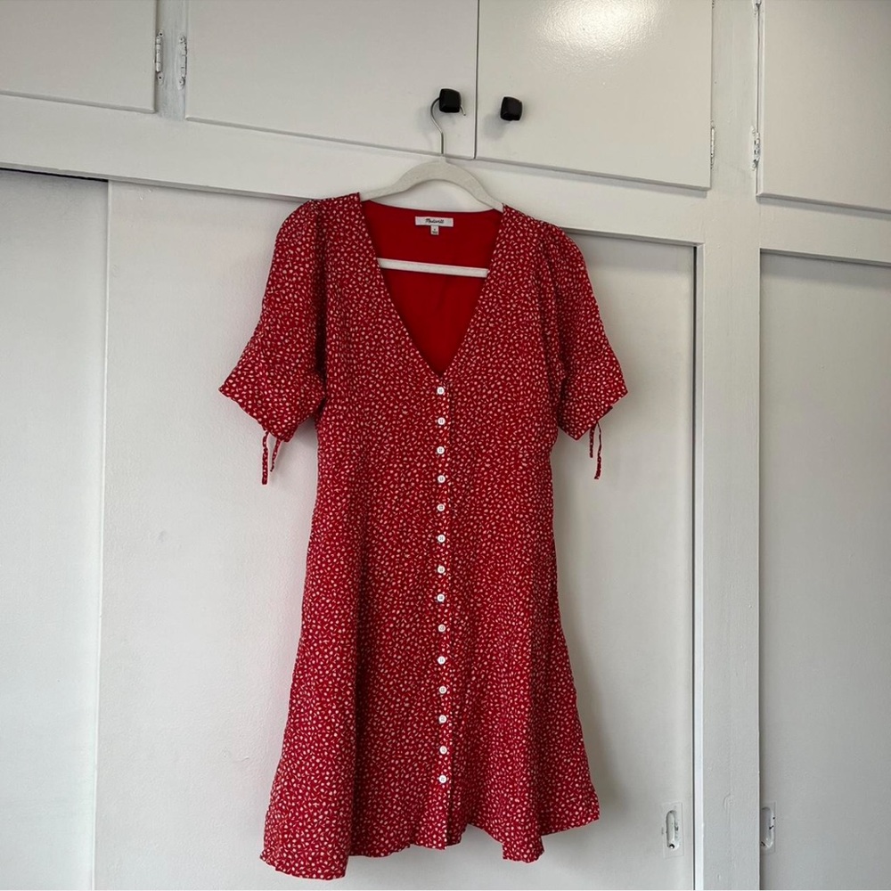 Madewell Red V-Neck Button-Front Midi Dress with Ditsy Dot Print